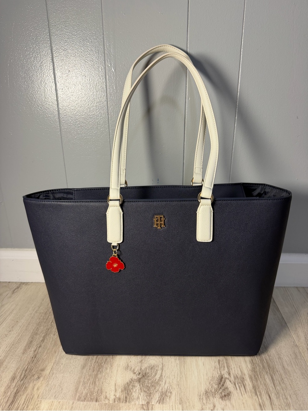 Tommy Hilfiger Navy Tote with Cream Handles and Red Charm